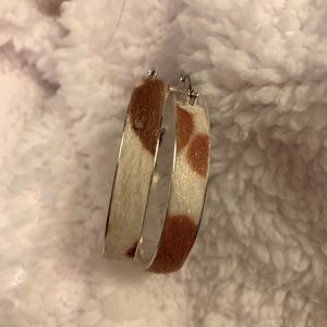 Brown and Beige Cow Hair Print Gold Hoop Earrings